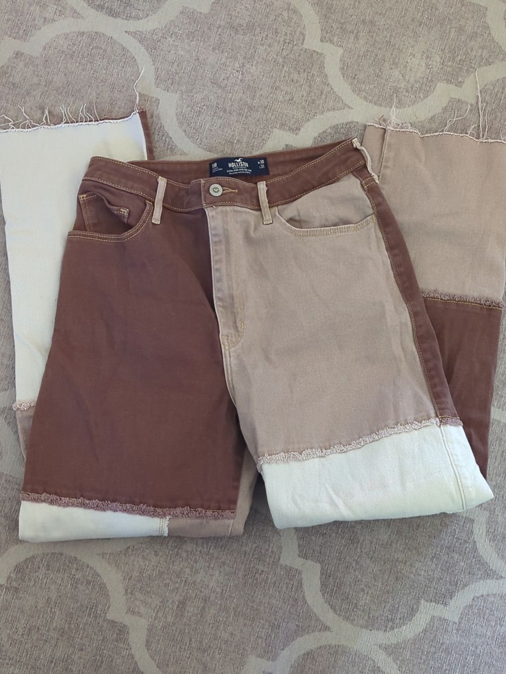 Hollister Multi-Tone Patchwork Jeans in Brown Cream White Size 11R